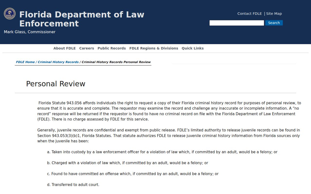 FDLE personal review for a St. Lucie County arrest record