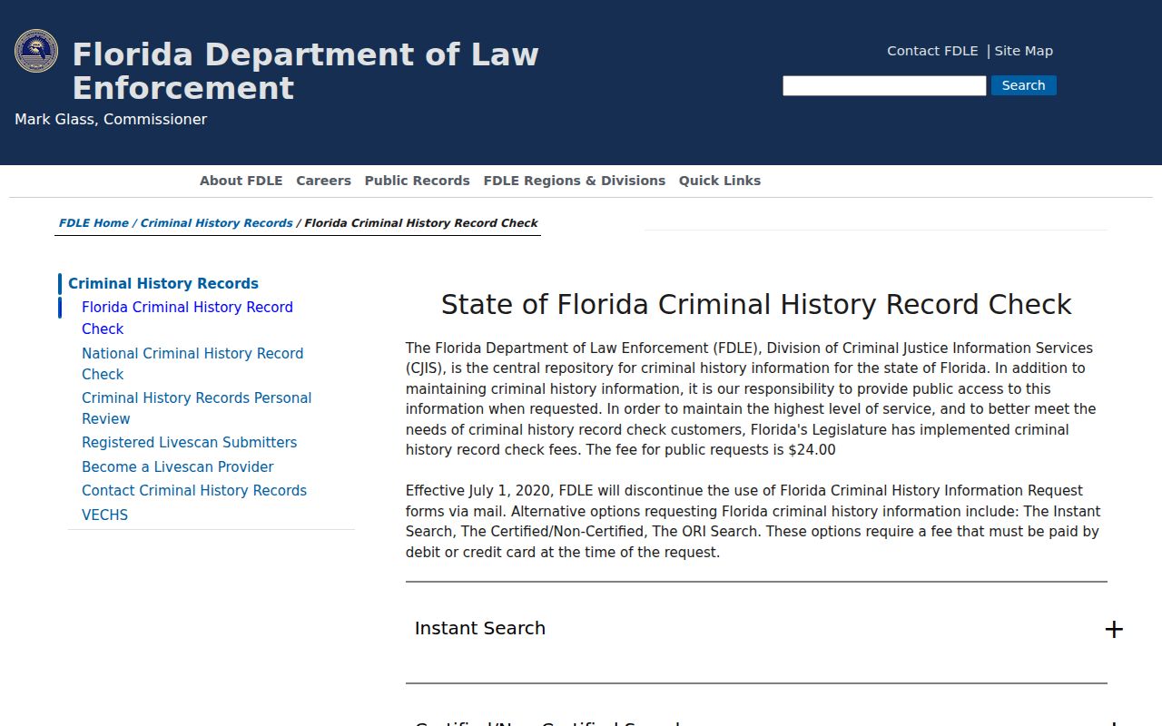 FDLE Florida criminal history search choices