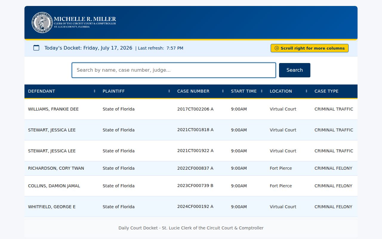 St. Lucie Clerk Today's Docket search interface