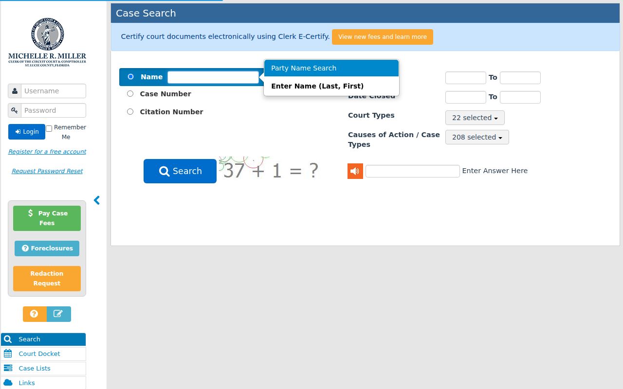St. Lucie County Clerk court case search interface